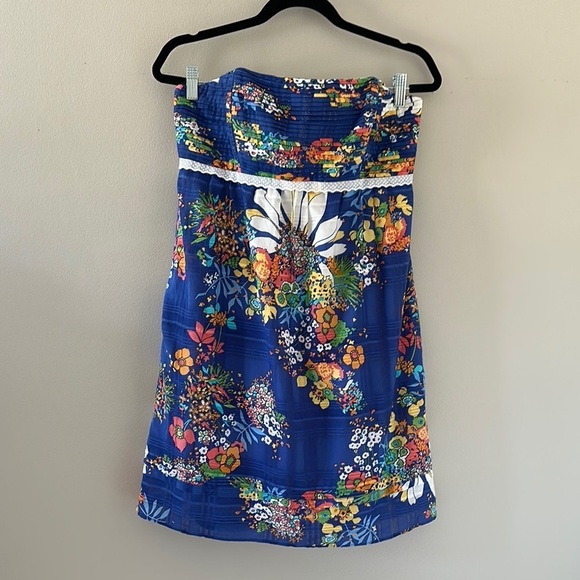 Shoshanna Blue Floral Print Strapless Mini Dress Sz 8 Cottagecore Shabby Chic - Picture 2 of 10